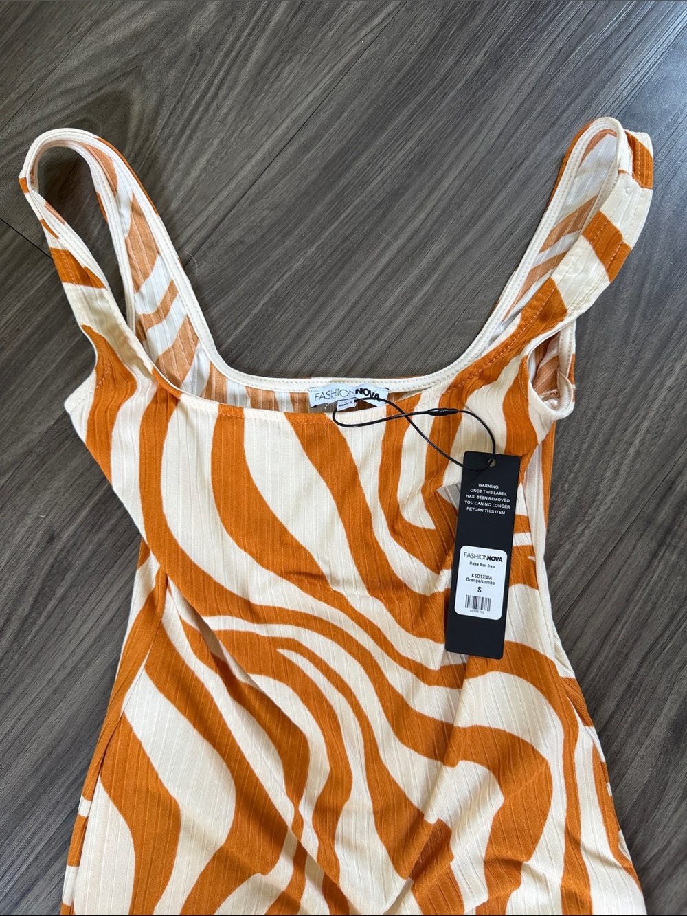 Fashion Nova Cream and Orange Zebra-Stripe Ribbed Maxi Dress - Picture 2 of 3